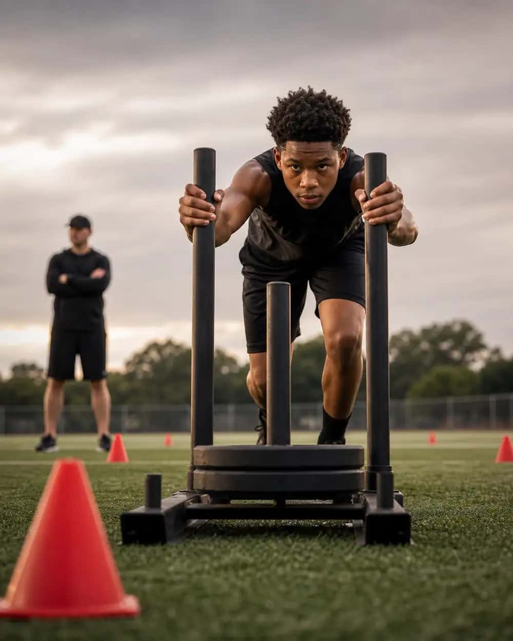 Youth football athlete driving a sled on outdoor turf
